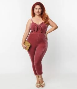 Unique Vintage Plus Size Dusty Rose Velvet Cropped Jumpsuit