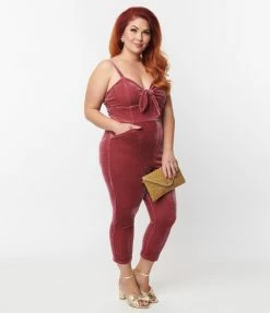 Unique Vintage Plus Size Dusty Rose Velvet Cropped Jumpsuit