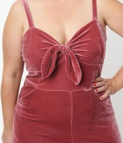 Unique Vintage Plus Size Dusty Rose Velvet Cropped Jumpsuit