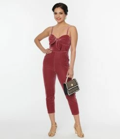 Unique Vintage Dusty Rose Velvet Cropped Jumpsuit New Arrivals!