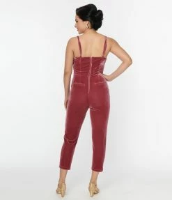 Unique Vintage Dusty Rose Velvet Cropped Jumpsuit New Arrivals!