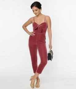 Unique Vintage Dusty Rose Velvet Cropped Jumpsuit New Arrivals!