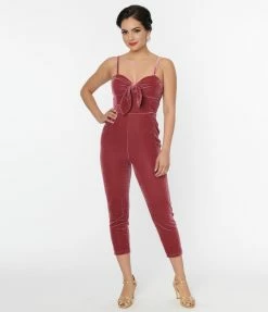 Unique Vintage Dusty Rose Velvet Cropped Jumpsuit New Arrivals!