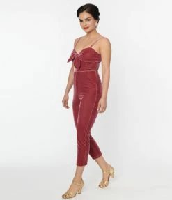 Unique Vintage Dusty Rose Velvet Cropped Jumpsuit New Arrivals!