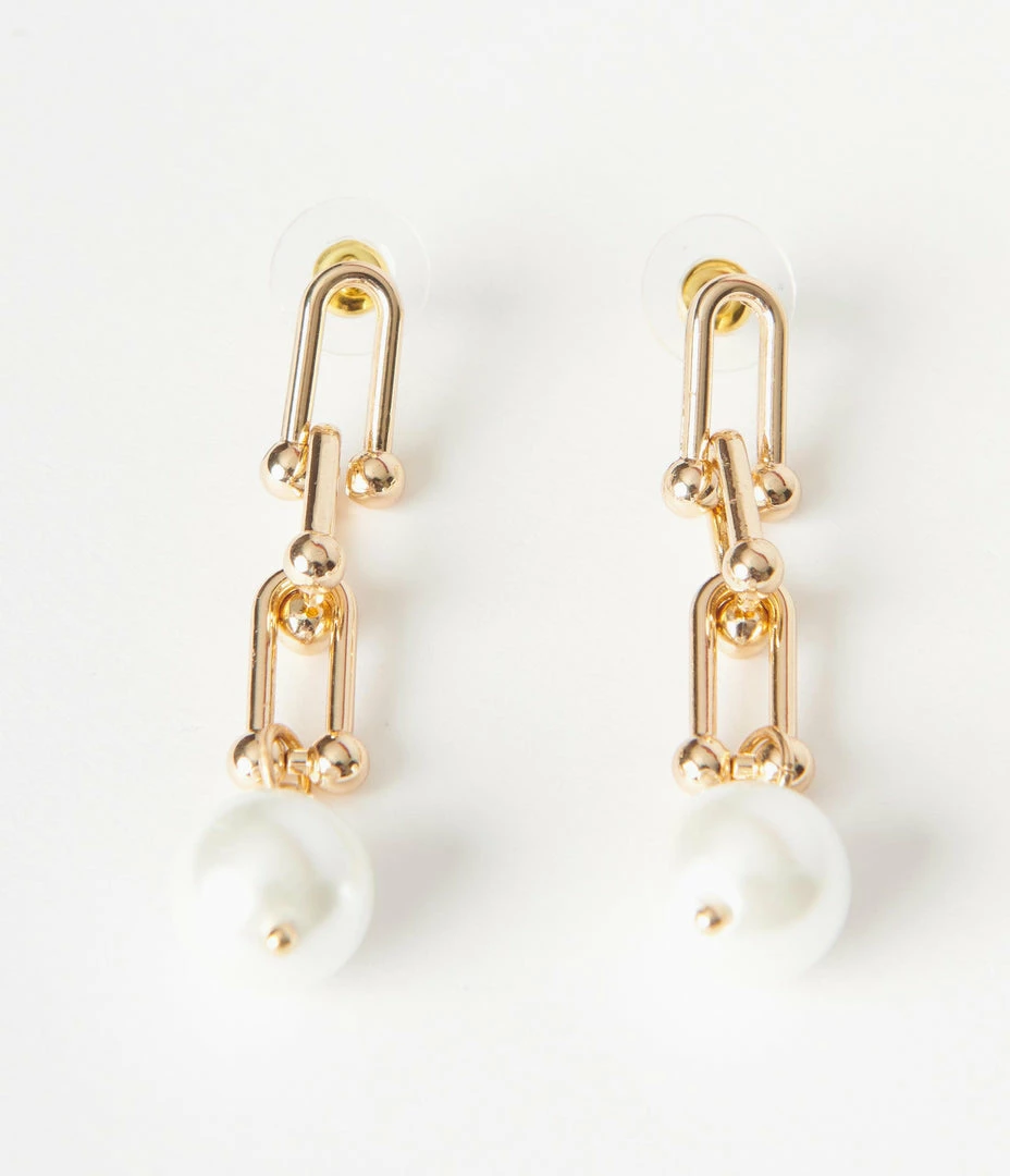 Joia Gold Paperclip Pearl Drop Earrings