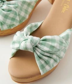Joia Mint Green Gingham Print Bow Wood Mule Shoes