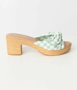 Joia Mint Green Gingham Print Bow Wood Mule Shoes