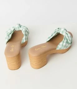 Joia Mint Green Gingham Print Bow Wood Mule Shoes