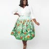Unique Vintage Plus Size Green Evergreen & Red Ornaments Swing Skirt