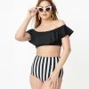 Unique Vintage Black & White Stripe Button High Waist Louise Swim Bottoms