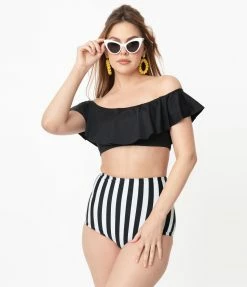 Unique Vintage Black & White Stripe Button High Waist Louise Swim Bottoms