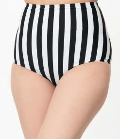 Unique Vintage Black & White Stripe Button High Waist Louise Swim Bottoms