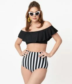 Unique Vintage Black & White Stripe Button High Waist Louise Swim Bottoms