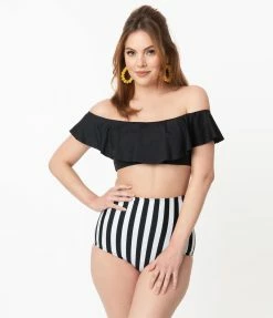 Unique Vintage Black & White Stripe Button High Waist Louise Swim Bottoms