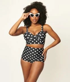 Unique Vintage Black & White Dot Marlene Crop Swim Top Swimwear