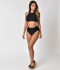 Unique Vintage Black Halter Cordelia Swim Top Swimwear