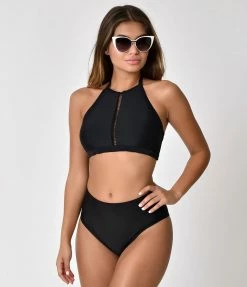 Unique Vintage Black Halter Cordelia Swim Top Swimwear