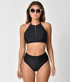 Unique Vintage Black Halter Cordelia Swim Top Swimwear