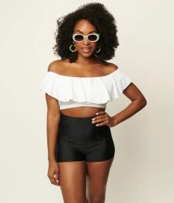 Swimwear Unique Vintage 1950s White Ruffled Ramona Swim Top