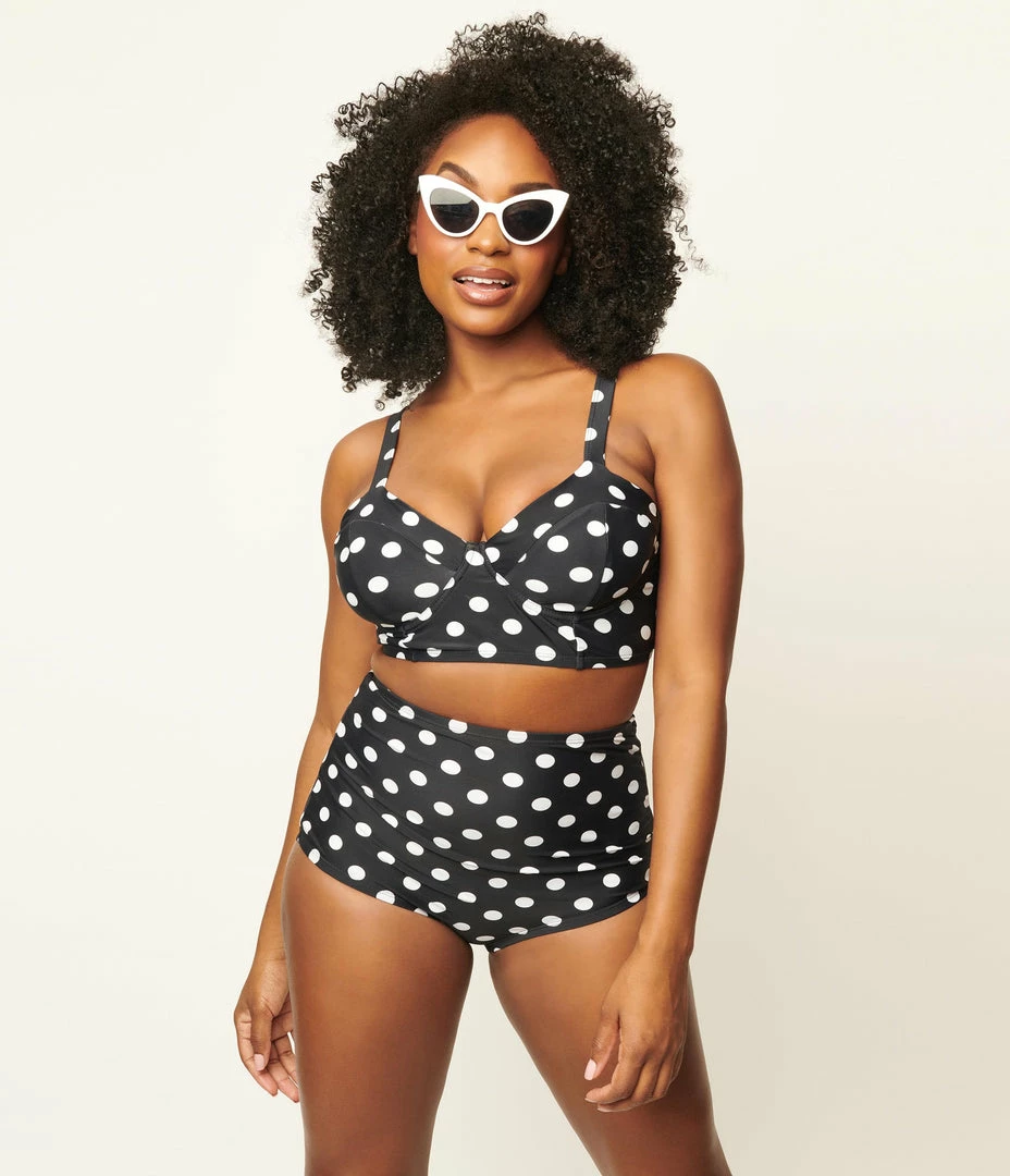 Unique Vintage Black & White Dotted Button High Waist Louise Swim Bottoms Swimwear