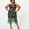 Unique Vintage Plus Size 1920s Black & Green Beaded Antoinette Peacock Flapper