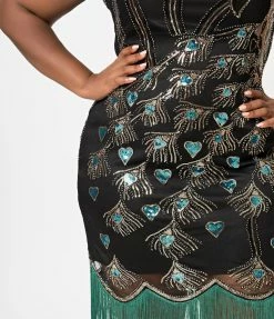 Unique Vintage Plus Size 1920s Black & Green Beaded Antoinette Peacock Flapper