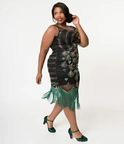 Unique Vintage Plus Size 1920s Black & Green Beaded Antoinette Peacock Flapper