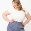 Unique Vintage Plus Size White Cap Sleeve Deena Top