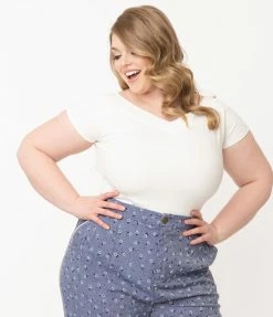 Unique Vintage Plus Size White Cap Sleeve Deena Top