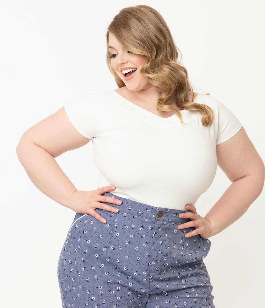 Unique Vintage Plus Size White Cap Sleeve Deena Top