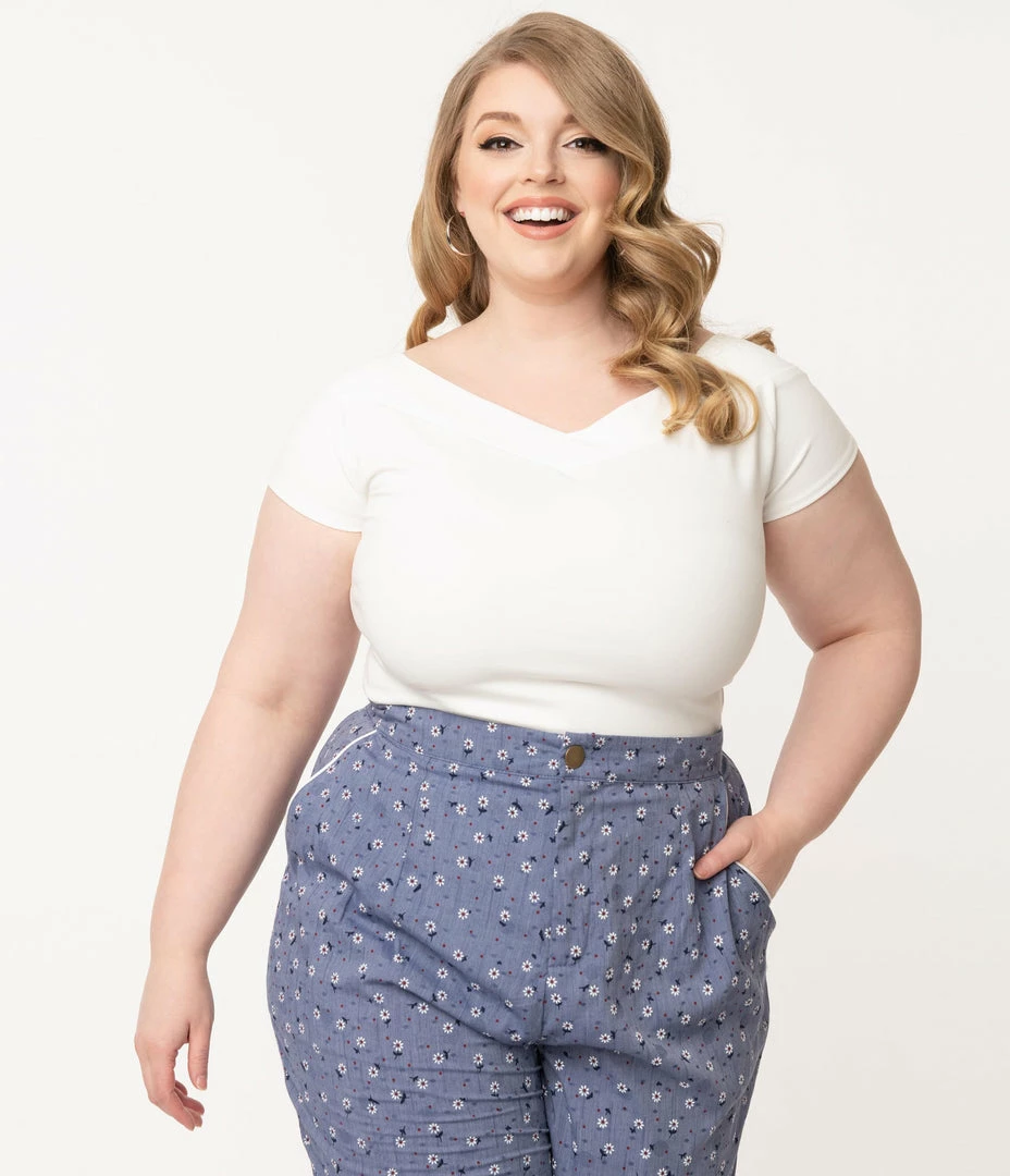 Unique Vintage Plus Size White Cap Sleeve Deena Top