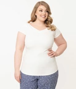 Unique Vintage Plus Size White Cap Sleeve Deena Top