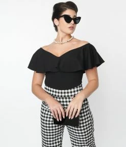 Unique Vintage Black Ruffle Frenchie Knit Top New Arrivals!