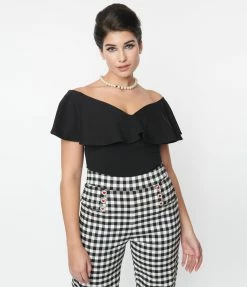Unique Vintage Black Ruffle Frenchie Knit Top New Arrivals!