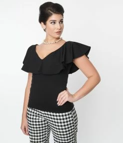 Unique Vintage Black Ruffle Frenchie Knit Top New Arrivals!