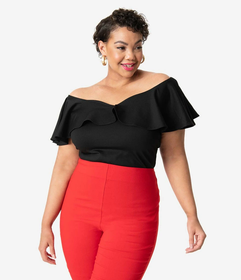 Unique Vintage Plus Size Black Ruffle Frenchie Knit Top New Arrivals!