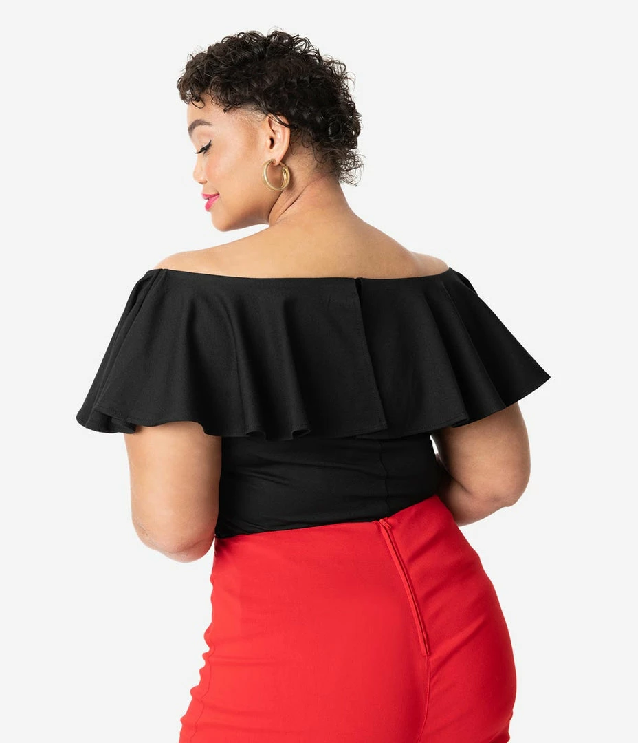 Unique Vintage Plus Size Black Ruffle Frenchie Knit Top New Arrivals!
