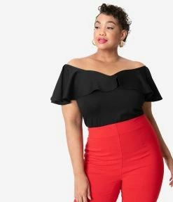 Unique Vintage Plus Size Black Ruffle Frenchie Knit Top New Arrivals!