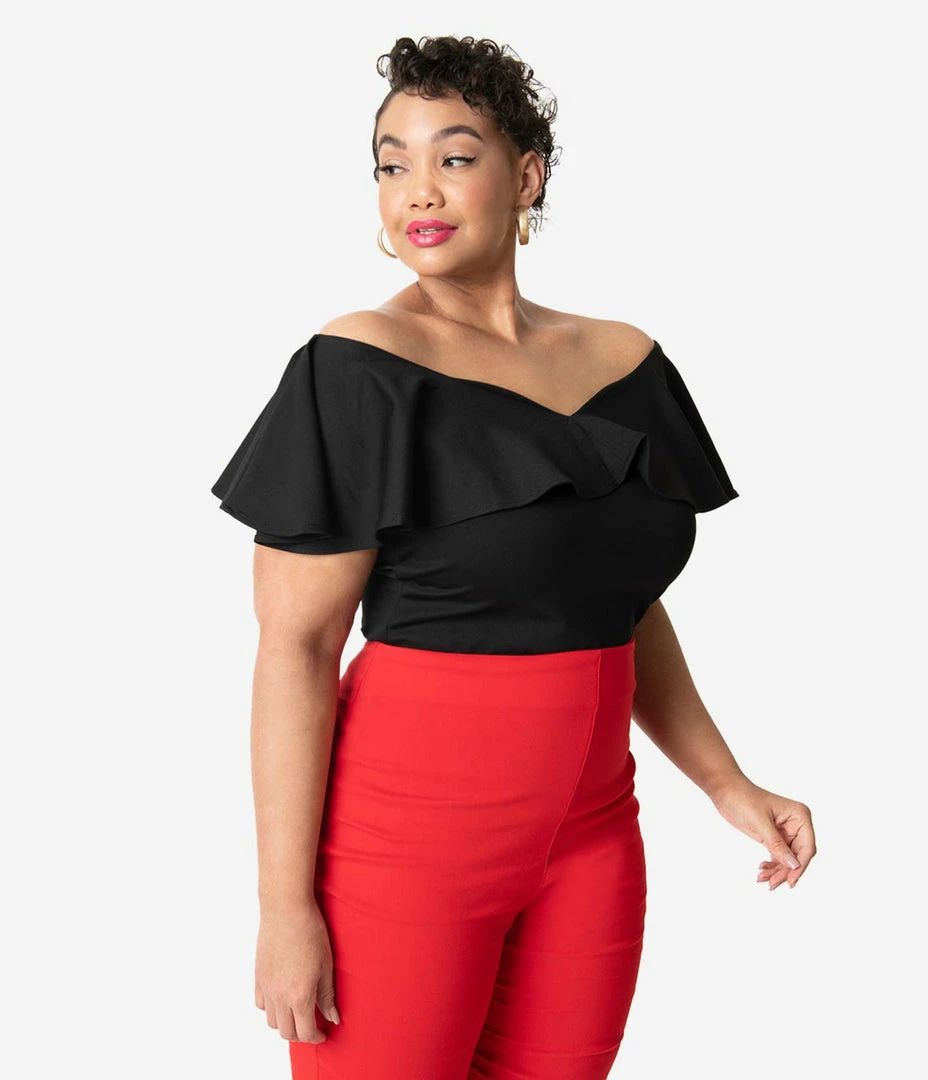 Unique Vintage Plus Size Black Ruffle Frenchie Knit Top New Arrivals!