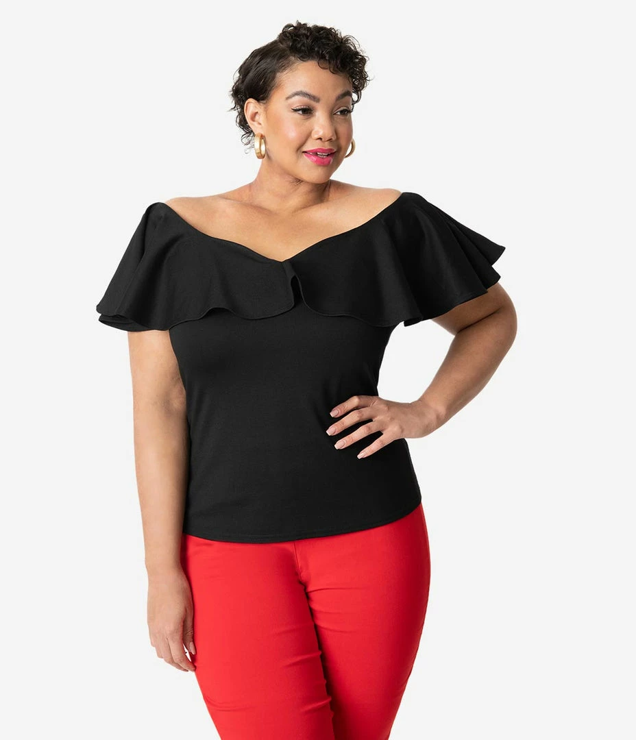 Unique Vintage Plus Size Black Ruffle Frenchie Knit Top New Arrivals!