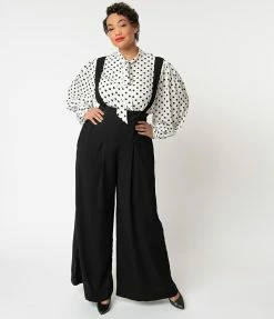 Clothing Unique Vintage Plus Size Black Wide Leg Rochelle Suspender Pants