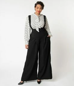 Clothing Unique Vintage Plus Size Black Wide Leg Rochelle Suspender Pants