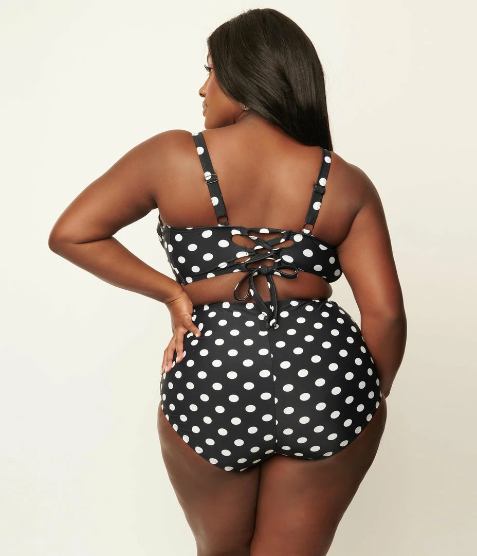 Swimwear Unique Vintage Plus Size Black & White Polka Dot Marlene Crop Swim Top