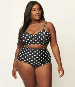 Swimwear Unique Vintage Plus Size Black & White Polka Dot Marlene Crop Swim Top