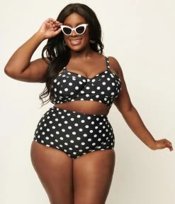 Swimwear Unique Vintage Plus Size Black & White Polka Dot Marlene Crop Swim Top