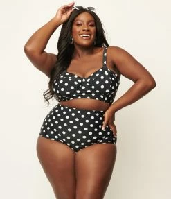 Swimwear Unique Vintage Plus Size Black & White Polka Dot Marlene Crop Swim Top