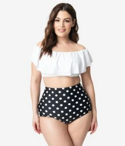 Unique Vintage Plus Size White Ruffled Ramona Swim Top