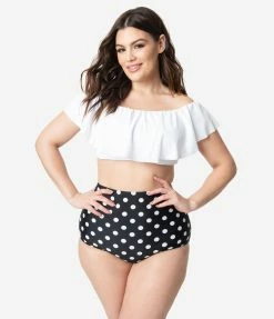 Unique Vintage Plus Size White Ruffled Ramona Swim Top