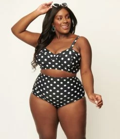 Unique Vintage Plus Size Black & White Polka Dot High Waist Louise Swim Bottoms Swimwear