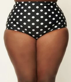 Unique Vintage Plus Size Black & White Polka Dot High Waist Louise Swim Bottoms Swimwear